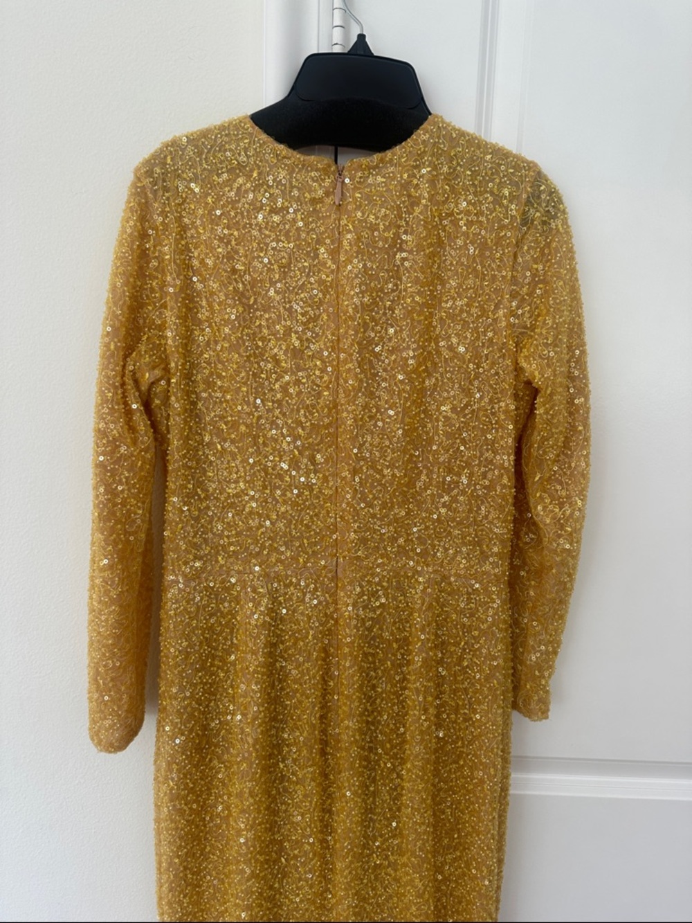 Gold Sequin Long Sleeve Floral-Embellished Evening Dress - Picture 7 of 9